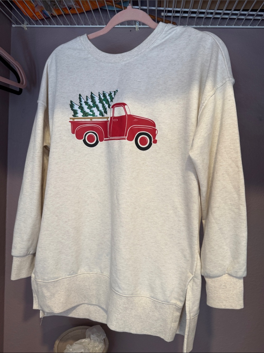 Cream Sweatshirt with Red Truck and Green Trees Graphic